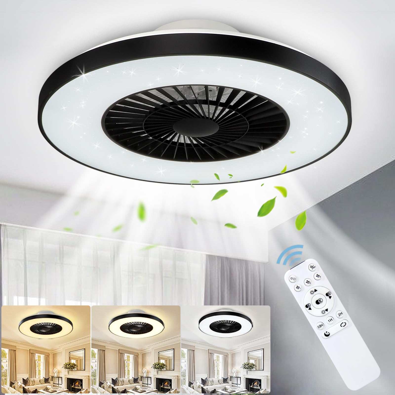 DLLT Modern Ceiling Fan with Light, 40W LED Dimmable Remote Control, 7 Invisible Blades Semi-Flush Mount, 3-Speed Reversible Motor, 3000K-6500K Color Temperature - Perfect for Bedroom, Living Room, and Office Spaces