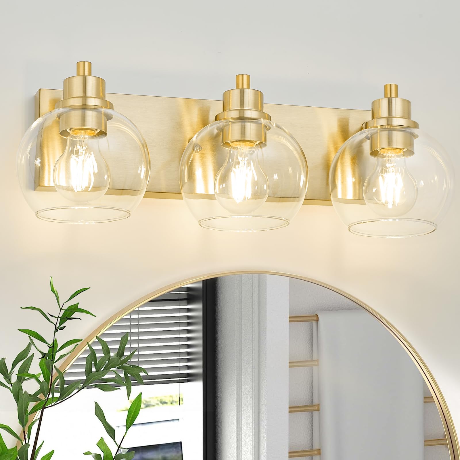 Tuscarora Gold Bathroom Vanity Light - 3-Light Brushed Gold Fixture with Clear Glass Shade for Mirror Lighting | Elegant Bathroom Lighting for Vanity, Dressing Room & Powder Room