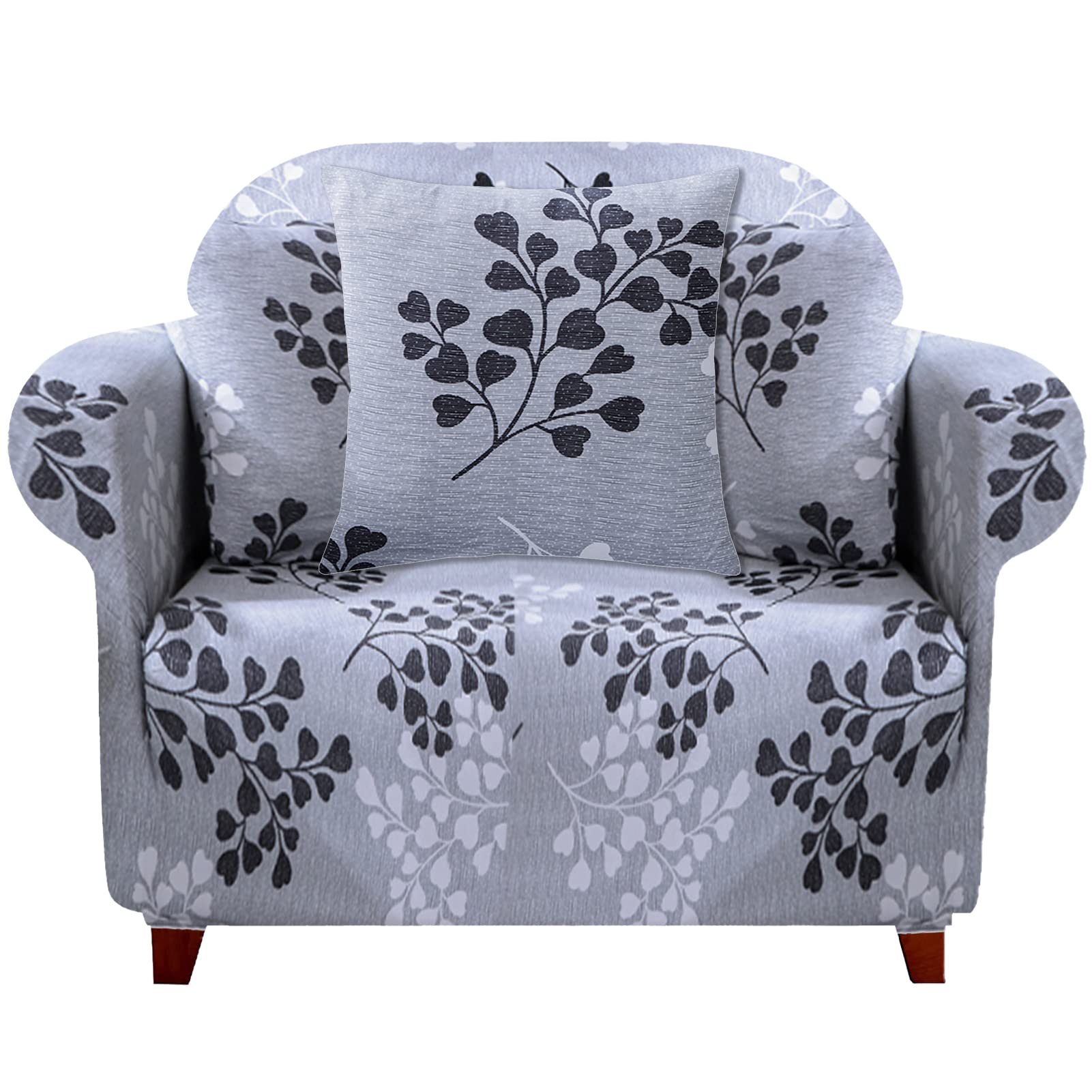 Stretch Chair Sofa Cover - Printed Non-Slip Elastic Couch Cover with Pillowcase & Foam Sticks | Universal Furniture Protector for Living Room, Bedroom, Kids Room | Washable Soft Sofa Slipcover (Leaves Design)
