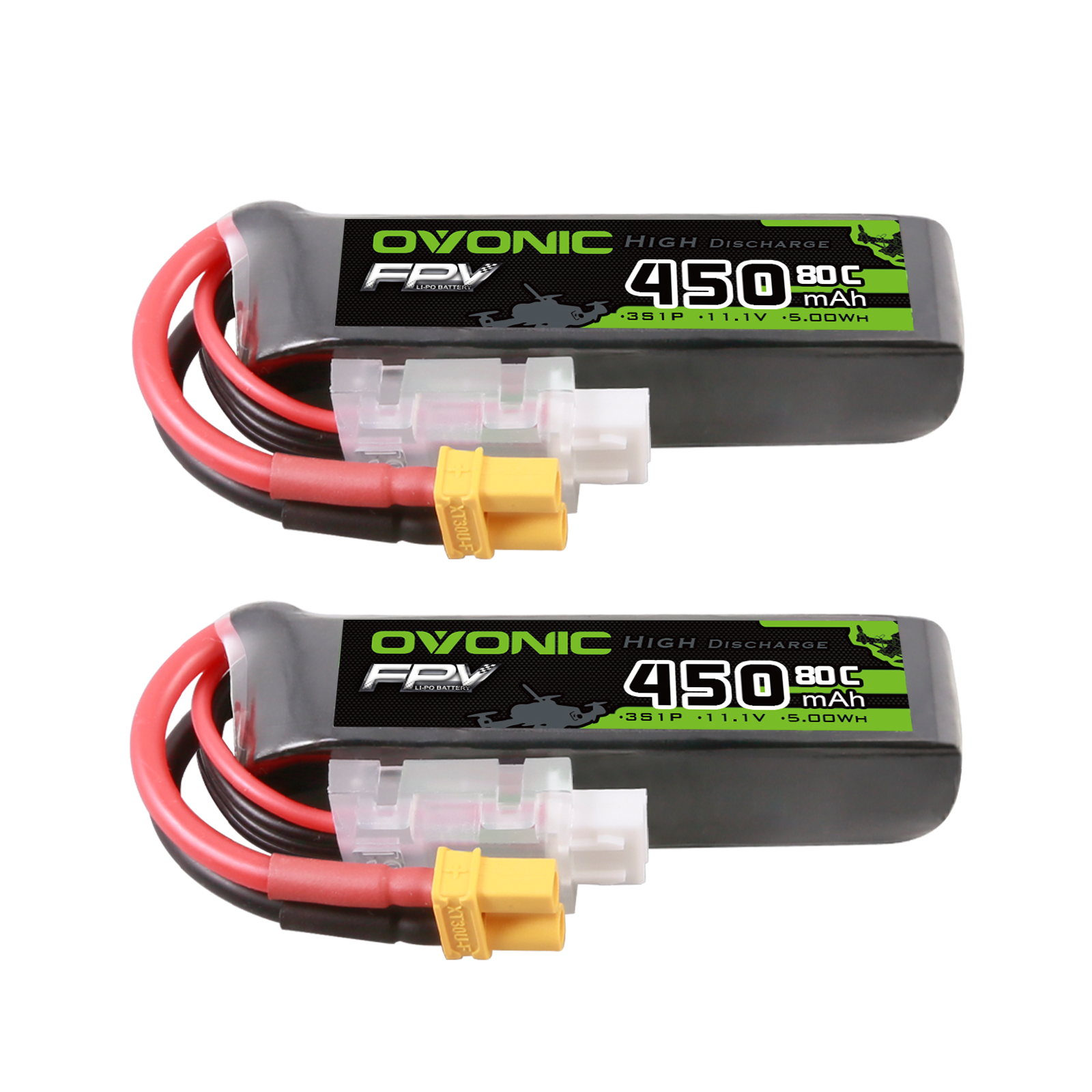 2 Pack OVONIC 11.1V 80C 450mAh 3S Lipo Battery with XT30 Connector - High Performance Long Size Battery for FPV Racing Drones, Cinewhoop, Tiny Whoop | Perfect for Freestyle Flying, Drone Racing & Aerial Photography
