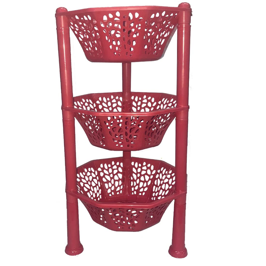 Nuwi 3-Tier Foldable Plastic Storage Organizer - Space Saving Kitchen Basket Stand for Fruits, Vegetables, Pantry & Office Supplies | Perfect for Countertop Display, Home Decor & Small Space Organization (Red)
