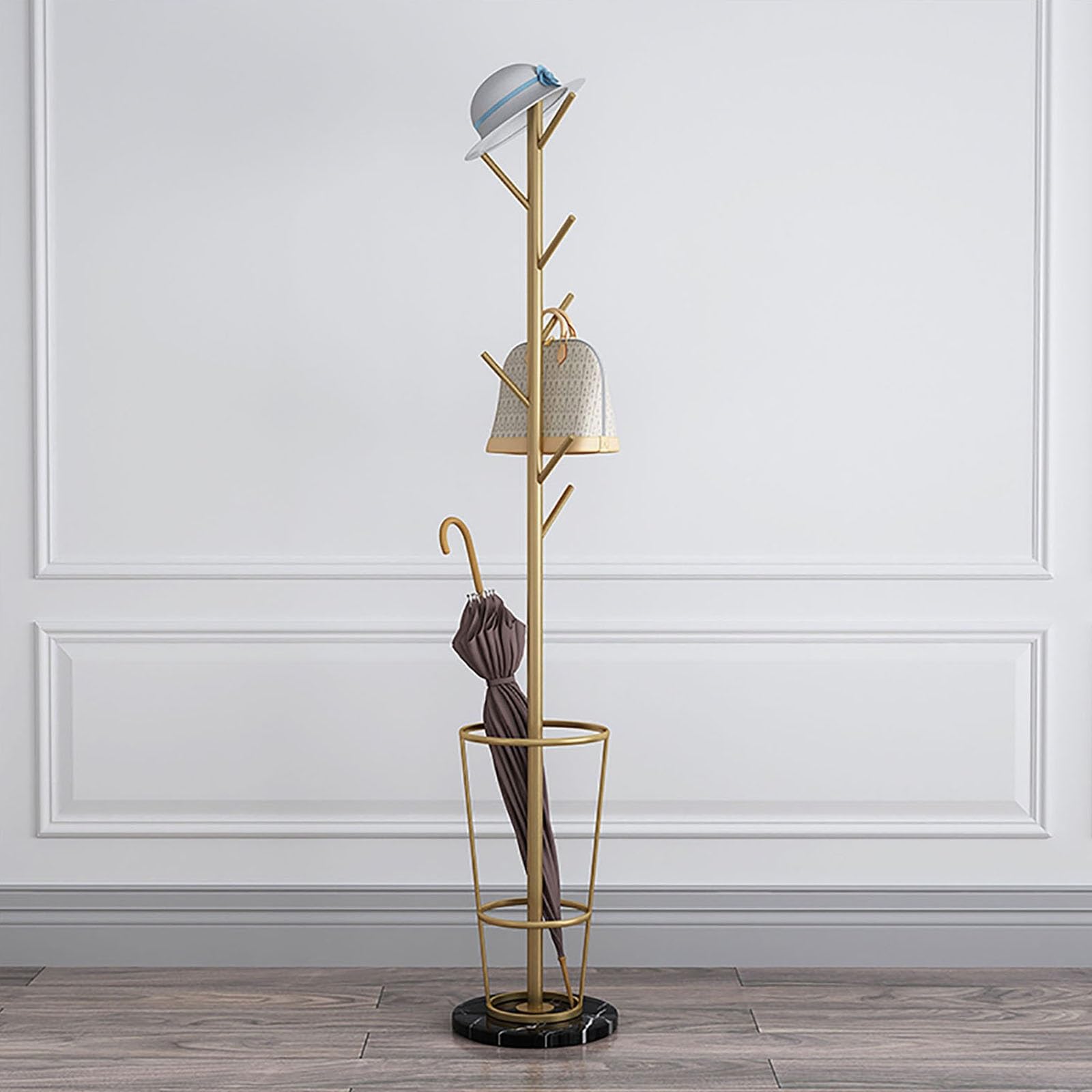 Stylish Metal Umbrella Stand with Coat Rack - Heavy Duty Entryway Organizer with Marble Base & Multiple Hooks for Hats, Bags & Accessories (Gold & Black) - Perfect for Foyer, Porch, Mudroom & Home Decor