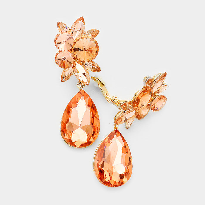 Floral Peach Teardrop Clip-On Earrings for Women - Elegant Dangle Earrings for Wedding, Party & Special Occasions