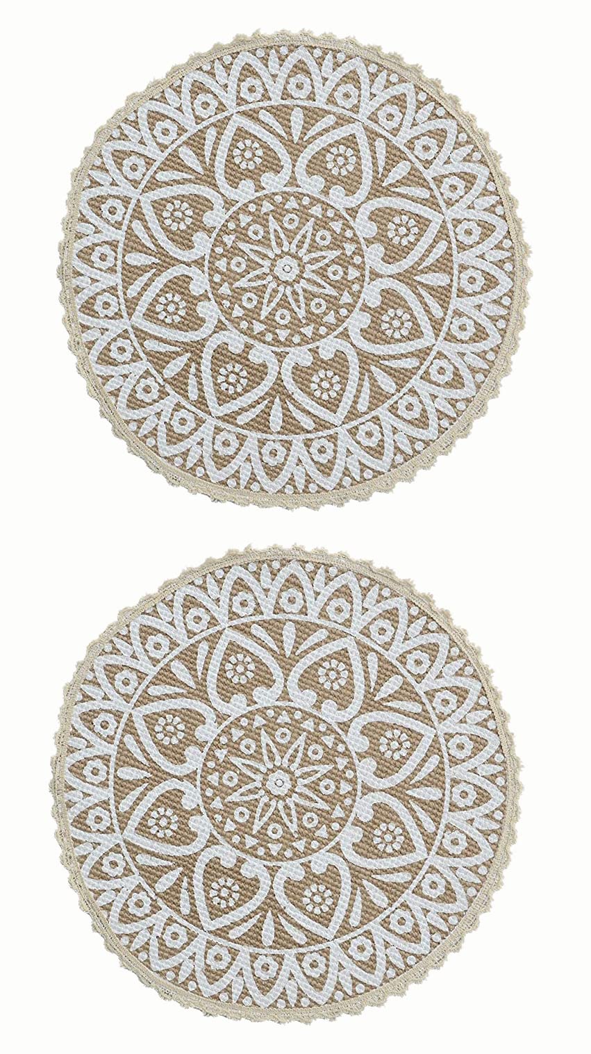 Premium Jute and Cotton Crochet Non-Slip Round Table Mat Set of 2 - 38x38cm Beige Placemats for Dining Table, Coffee Table, Nightstand & Home Decor | Eco-Friendly & Stylish Kitchen & Living Room Accessories