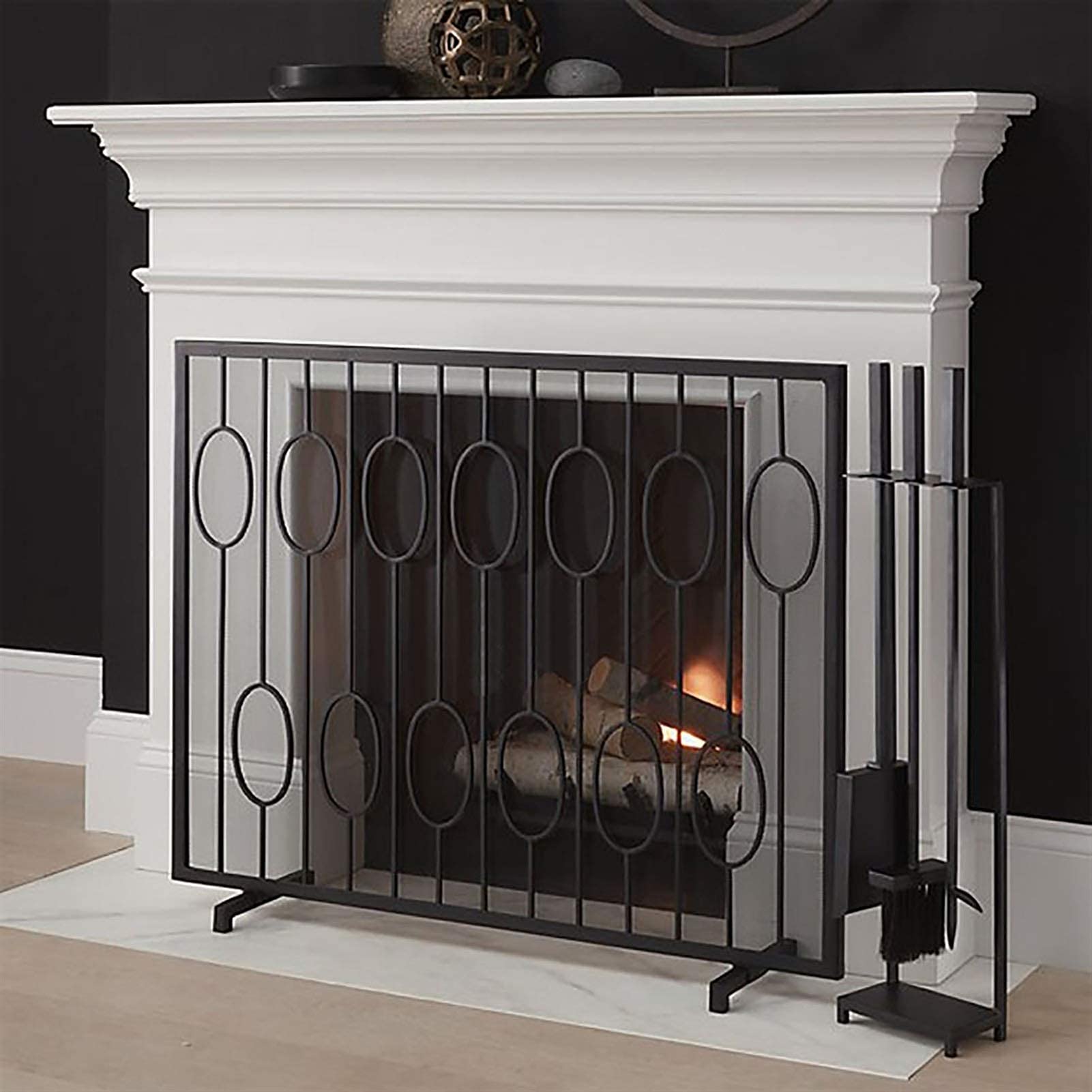Large 29.5 Inch Single Panel Iron Fireplace Screen - Modern Freestanding Spark Guard with Sturdy Wrought Iron Mesh Frame in Black | Perfect for Living Rooms, Patios & Fireplace Safety