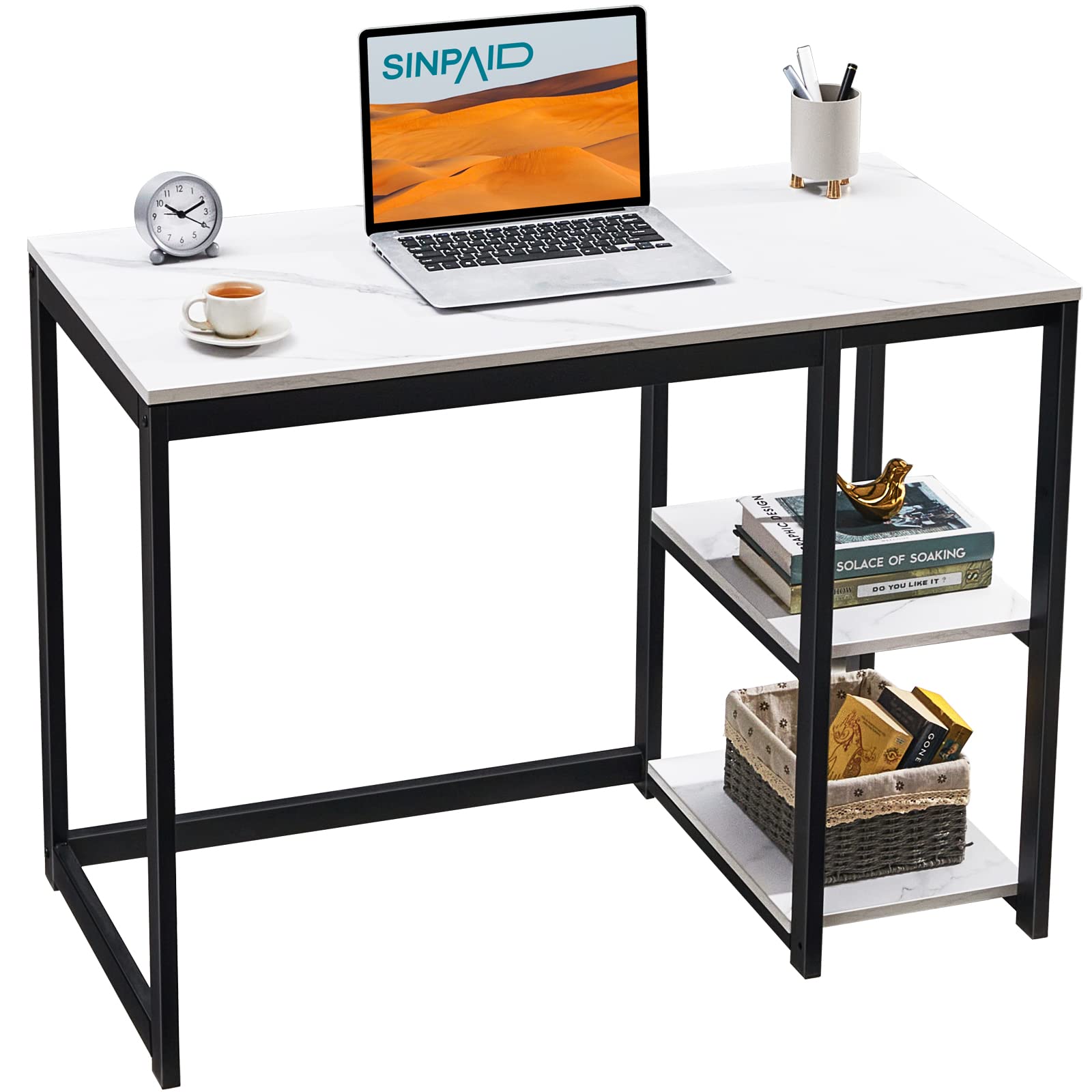 SINPAID 47-inch Modern Computer Desk with 2-Tier Shelves - Sturdy Home Office Desk, Large Storage Space, Gaming & Study Writing Laptop Table - White Marbling Finish (White, 47inch) - Perfect for Small Spaces, Home Office & Gaming Setup