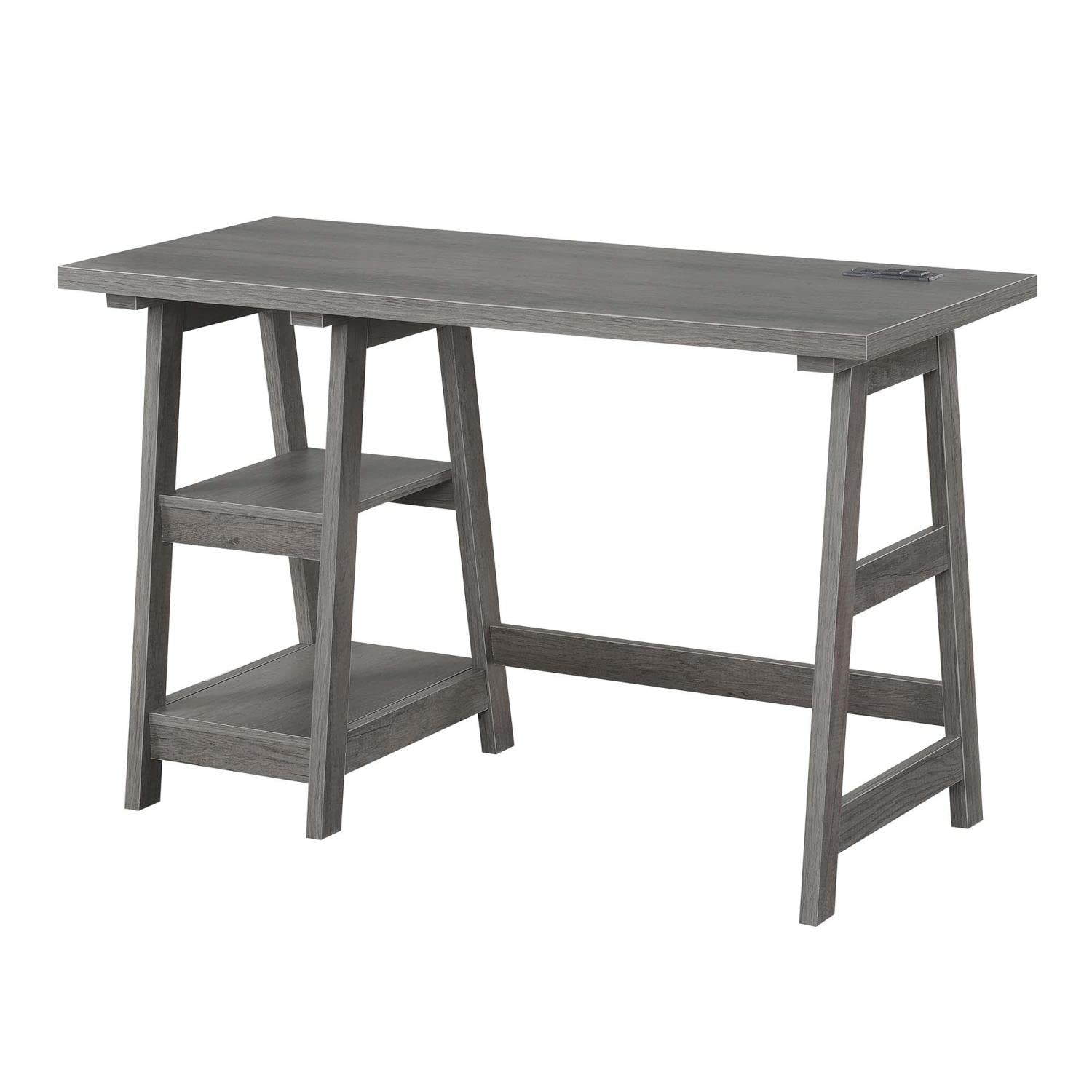 Convenience Concepts Designs2Go Trestle Desk with USB Charging Station & Storage Shelves - Charcoal Gray Home Office Desk for Remote Work & Study