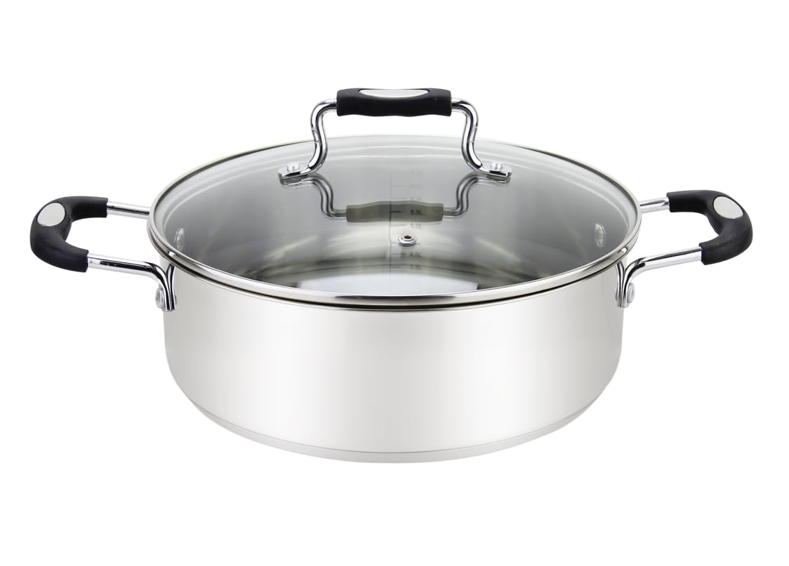 Premium 12.6 Quart Stainless Steel Dutch Oven - Induction Compatible Casserole Pot for Soup, Pasta & Braising - Urban Collection Low Round Mirrored Design - Perfect for Family Dinners, Camping & Restaurant Use
