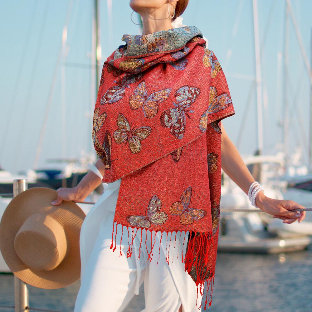 Elegant Red Metallic Butterfly Printed Pashmina Scarf Shawl - Soft & Lightweight Wrap for Women - Perfect for Parties, Weddings & Evening Outfits