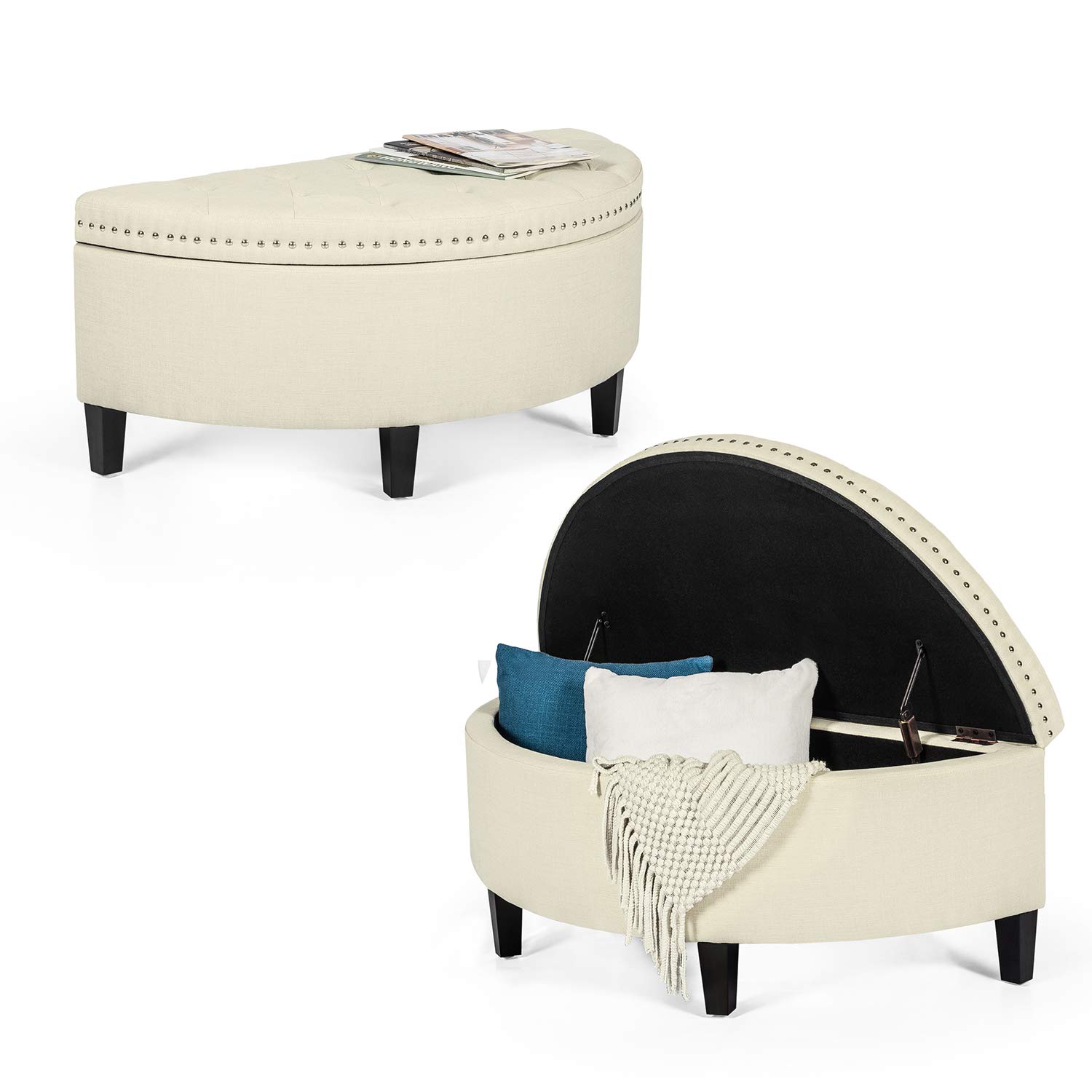 Joveco Half Moon Storage Bench with Button Tufted Upholstery - Entryway Ottoman for Bedroom, Living Room & Hallway - Versatile Seating & Storage Solution (Beige)