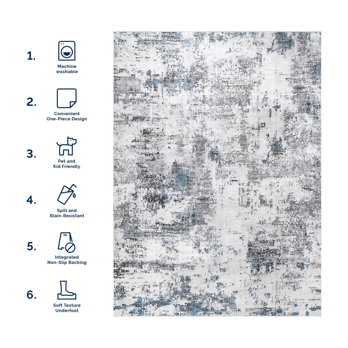 Faded Abstract Washable Area Rug - Blue Grey Modern Boho Rug for Living Room, Bedroom & Nursery Decor