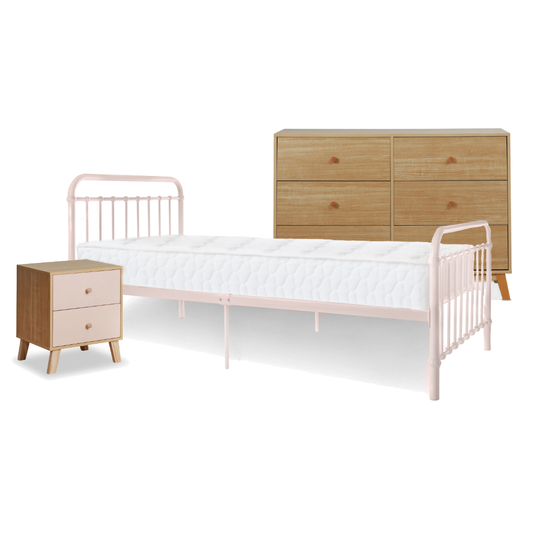 Sonata Pink Single 4-Piece Bedroom Set - Queen Size Bed Frame, Nightstand, Dresser & Mirror for Girls Room Decor