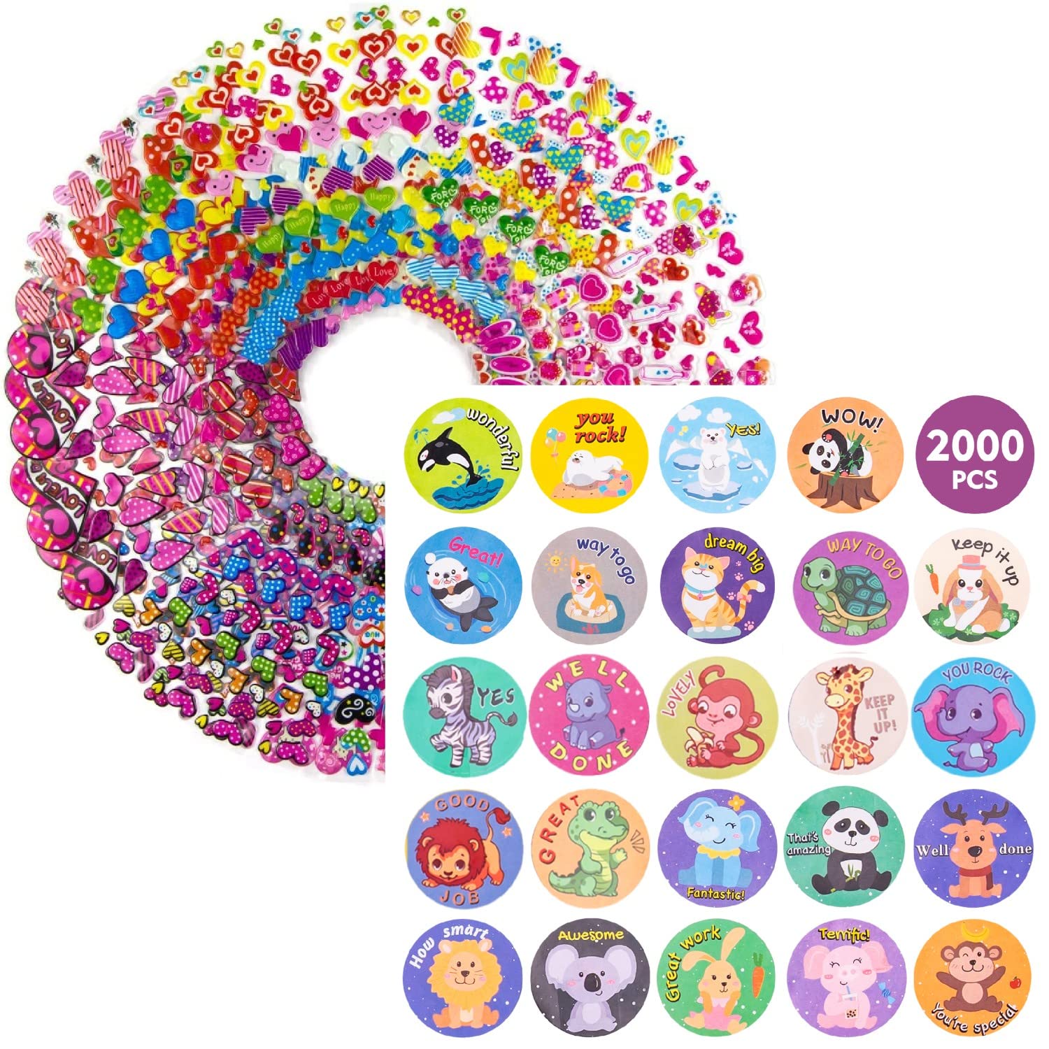 MoCeYa Stickers Bundle - 32 Sheets Valentine's Day Heart Stickers + 2000pcs Motivational & Animal Sticker Rolls for Scrapbooking, Journals, Planners & DIY Crafts