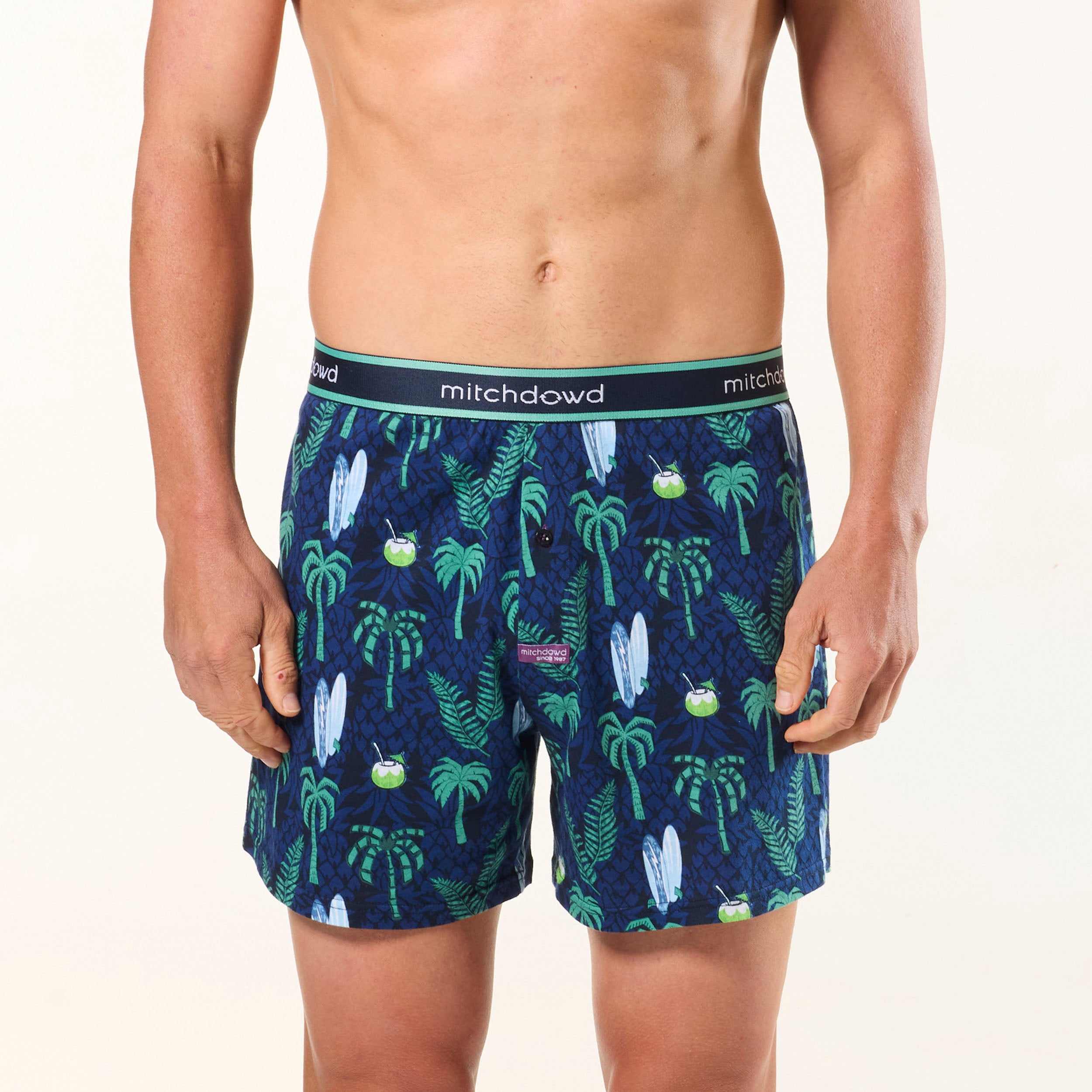Men's Surfer Palms Cotton Loose Fit Knit Boxer Shorts - Breathable Comfort Underwear for Beach, Sleep & Lounge - Navy Blue