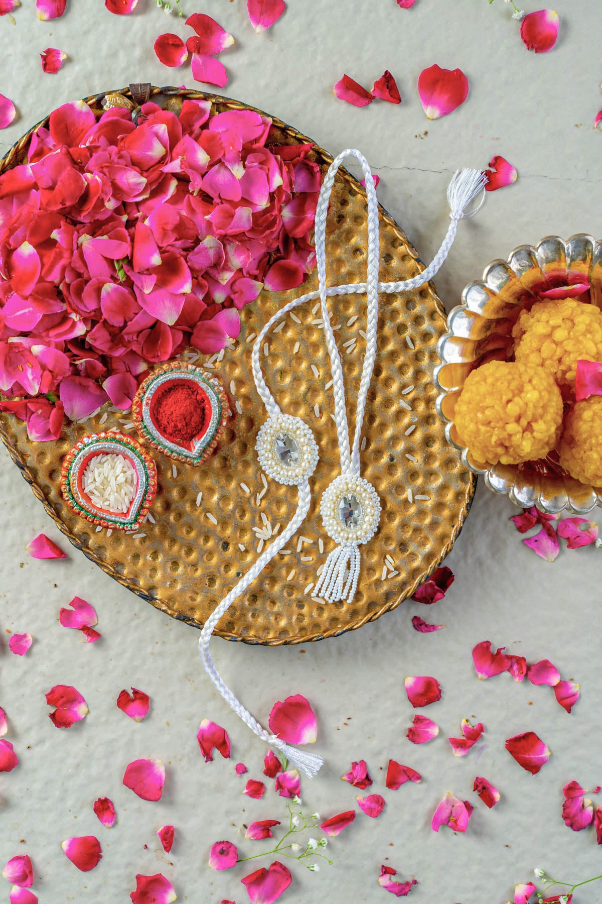 Exquisite Ivory Dream Embroidered Rakhi & Lumba Set of 2 - Traditional Indian Sibling Bracelets for Raksha Bandhan Festival - Perfect for Hindu Celebrations & Cultural Gifting