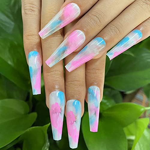 Outyua Glossy Smoke Pattern Coffin Extra Long Press-On Nails - 24Pcs Acrylic False Nails with Ballerina Design for Women & Girls | Perfect for Parties, Weddings & Special Occasions (Colorful)