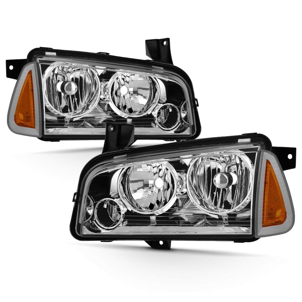 ACANII Chrome Housing Headlights & Corner Lights for 2006-2010 Dodge Charger - 4Pcs Set (Driver & Passenger Side) | High-Performance Lighting Upgrade for Night Driving & Enhanced Style