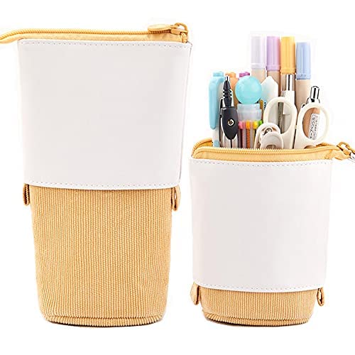 Telescopic Pen Pencil Holder - PU Corduroy Retractable Stationery Organizer, Makeup Bag & Cosmetic Pouch (Yellow) - Perfect for School, Office & Travel Accessories Storage