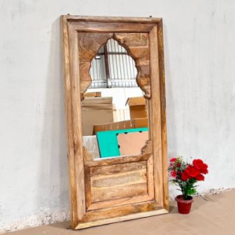 Handmade Indian Wooden Wall Mirror Frame - Carved Wood Design, Natural Finish, 80x50x150cm - Perfect for Living Room, Bedroom & Home Decor