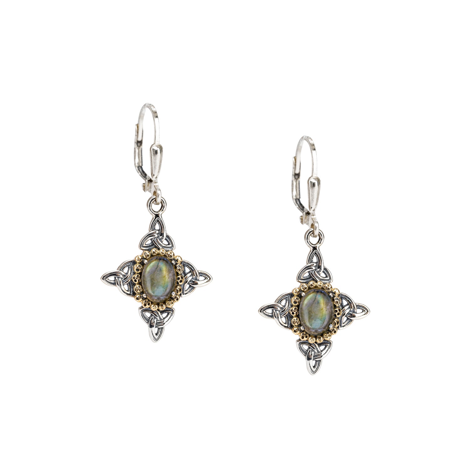 10k Gold & Silver Celestial Leverback Earrings with Labradorite Gemstone - Perfect for Evening Parties, Weddings & Special Occasions