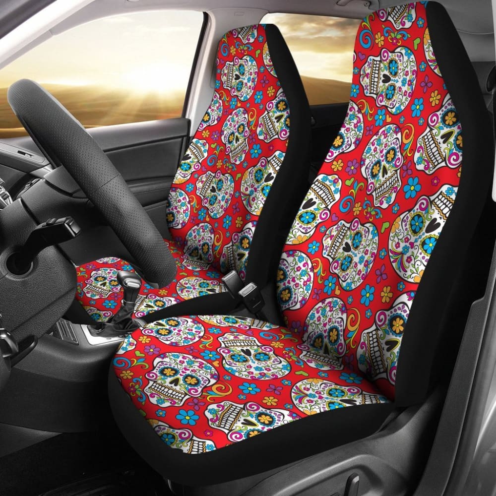 2 Pcs Sugar Skull Car Seat Covers - Mexican Day of the Dead Design, Universal Fit for Most Vehicles, Durable & Stylish Protection - Perfect for Halloween, Dia de los Muertos, and Car Decorations