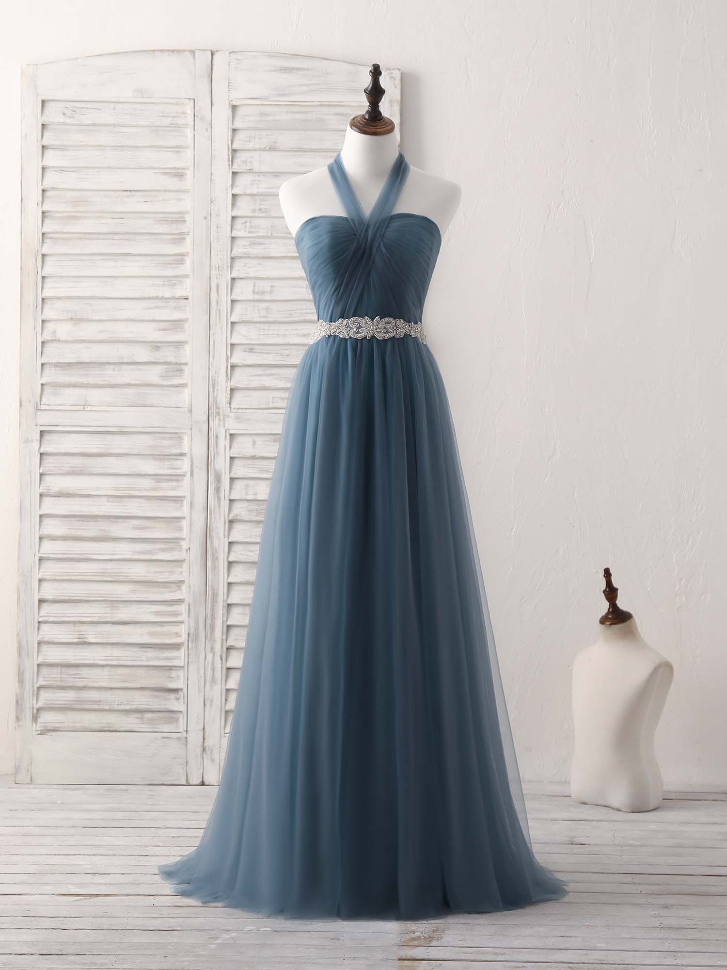 Elegant A-Line Gray Blue Tulle Long Bridesmaid Dress for Weddings & Prom - Perfect for Formal Events, Evening Parties & Special Occasions
