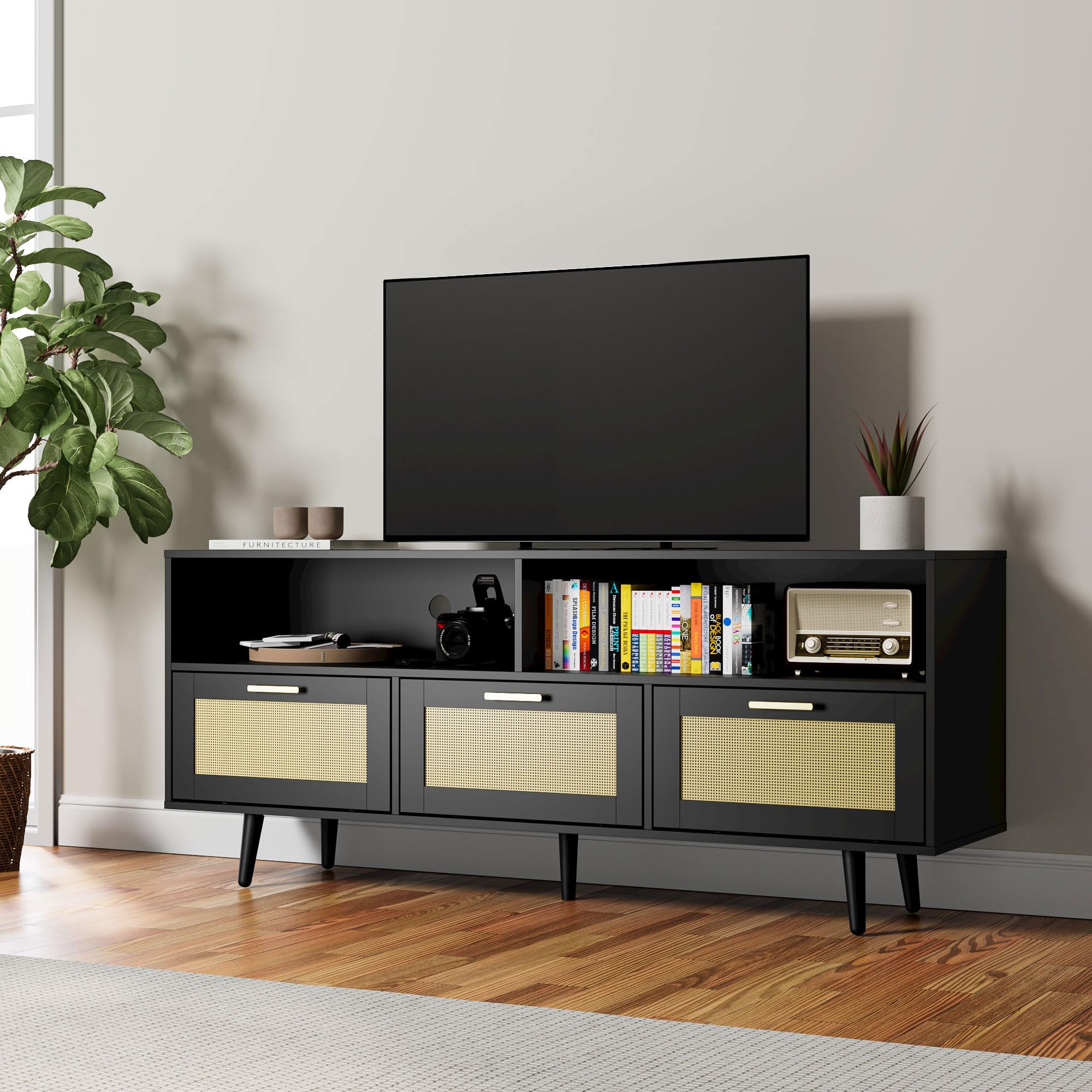 Cozy Castle Rattan TV Stand with Storage for 65/70 Inch TVs - 61