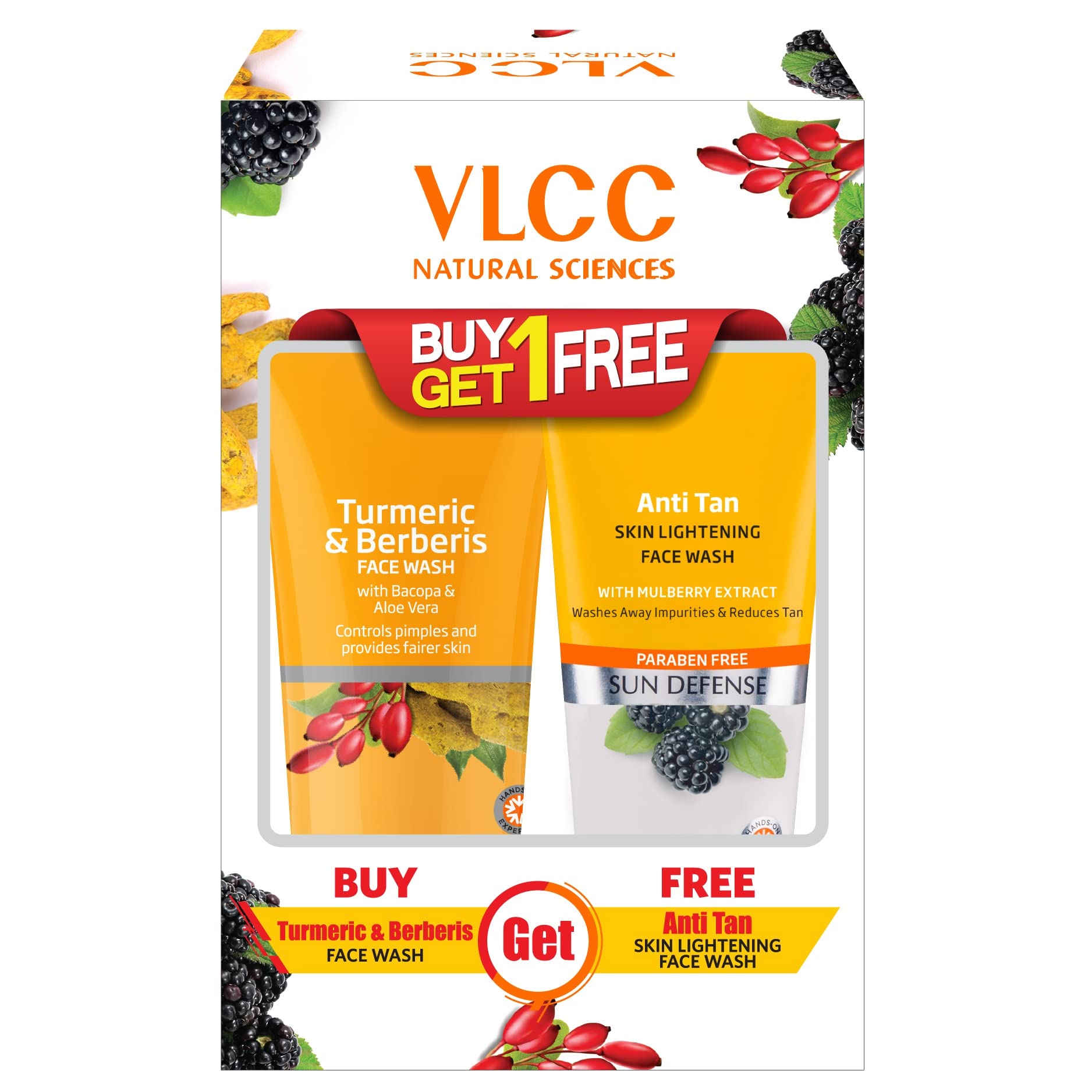 VLCC Turmeric & Berberis Face Wash - Anti Tan & Skin Brightening Cleanser (150ml x 2) - BOGO Deal with Mulberry & Orange Peel Extracts - For Glowing Skin & Sun Damage Repair - Perfect for Daily Skincare & Post-Sun Care