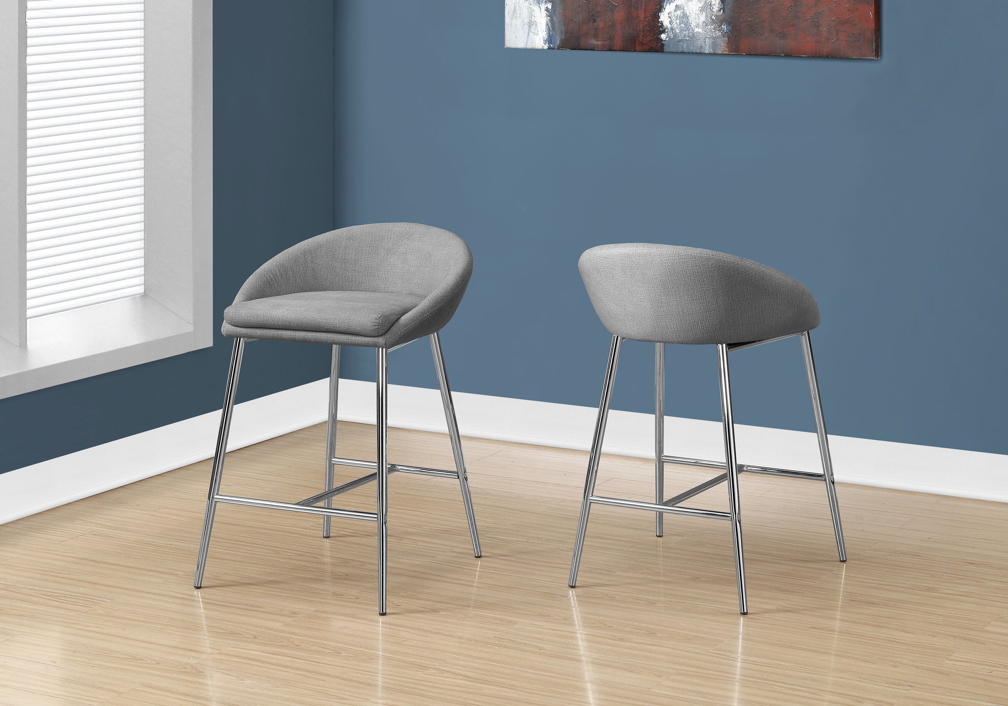 2-Pack Grey Fabric Counter Height Stools with Chrome Base - Perfect for Kitchen Islands, Breakfast Bars & Home Dining Decor