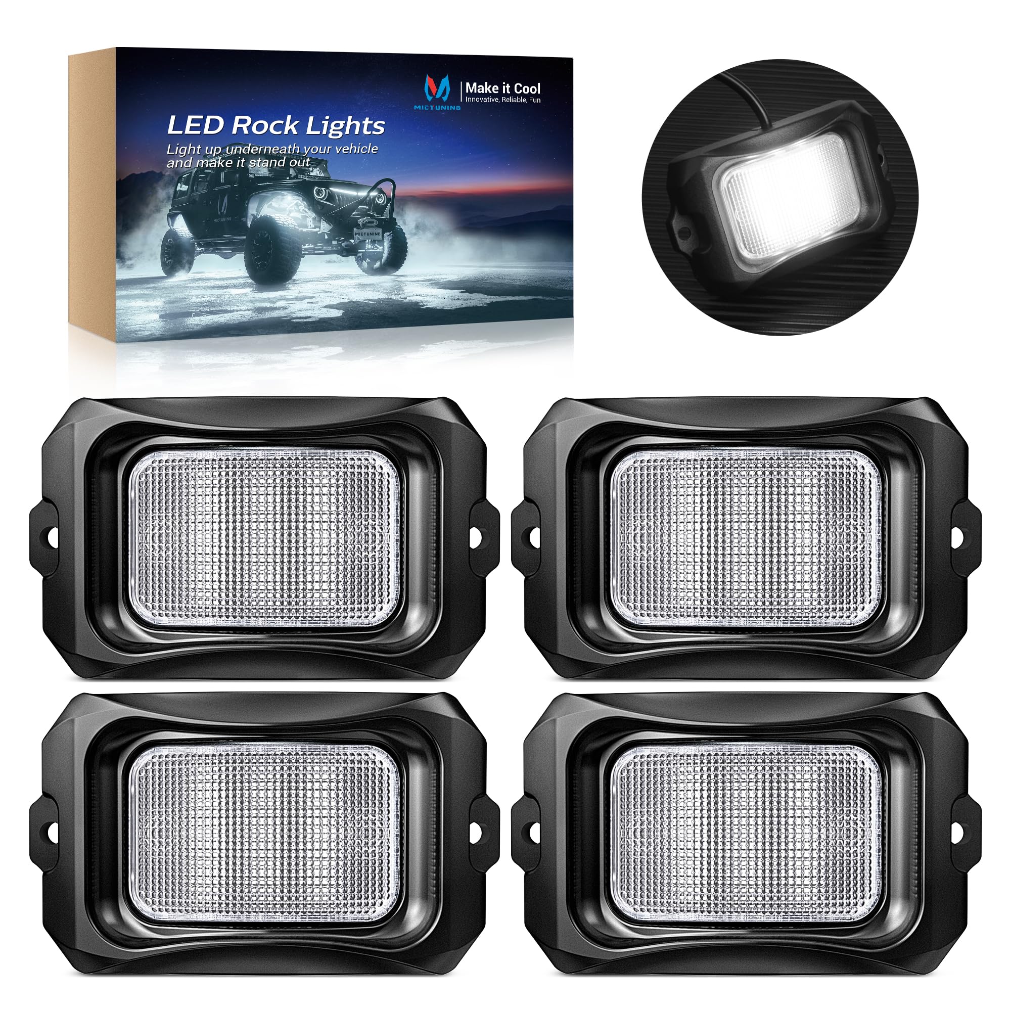 MICTUNING C2 Curved White LED Rock Lights - 4 Pods Underglow Kit for Cars, Trucks, Off-Road Vehicles, ATVs, UTVs & Boats | Waterproof Accent Lighting for Night Driving, Off-Roading & Marine Use
