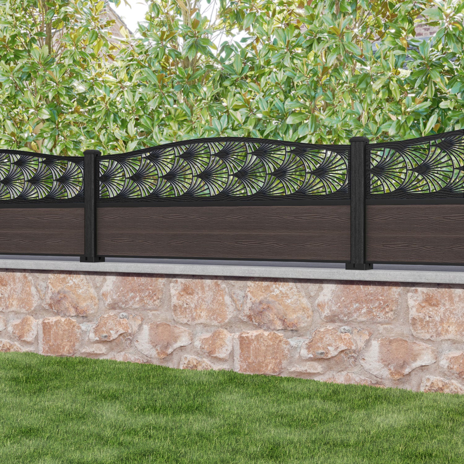 Classic Laurel Curved Top Composite Fence Panel - Mid Brown Wood Grain Finish | Weather-Resistant & Low Maintenance | Perfect for Backyard Privacy, Garden Borders & Poolside Landscaping