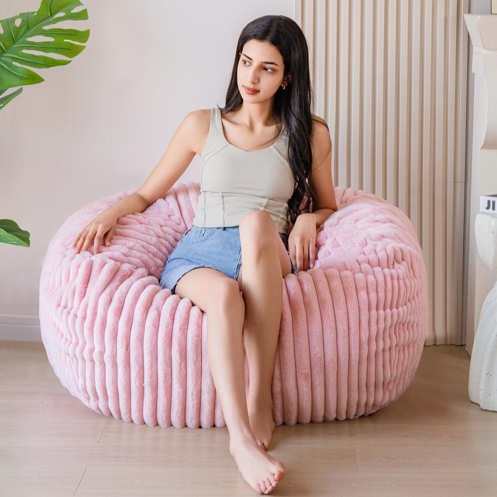 MAXYOYO 3ft Faux Fur Bean Bag Chair for Adults - Soft Striped Lazy Sofa for Living Room, Bedroom & Dorm (Pink) - Perfect for Relaxing, Gaming & Movie Nights