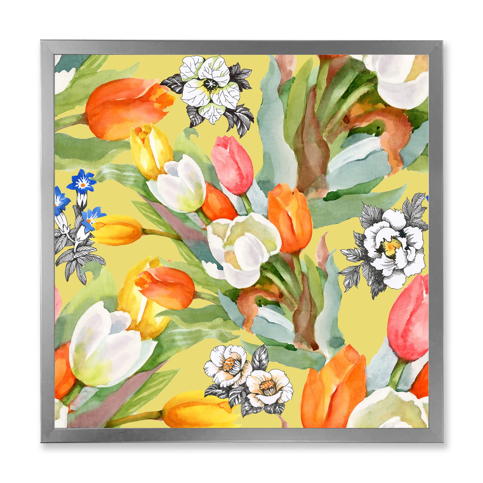 Blooming White and Orange Tulips - Traditional Framed Wall Art for Home Decor | Floral Canvas Painting for Living Room, Bedroom & Office