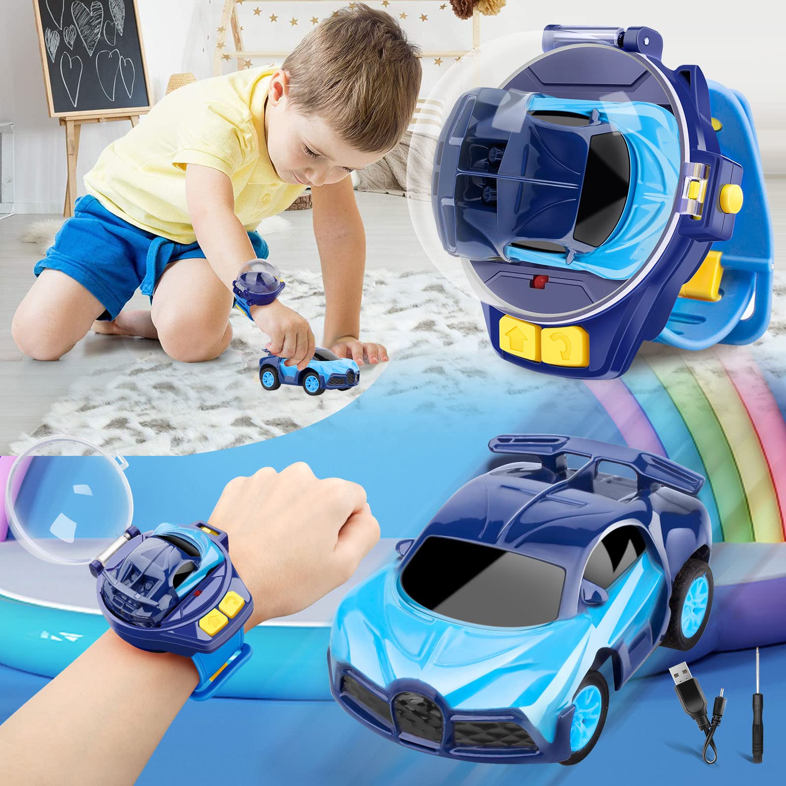 Logoplay 2023 Mini Remote Control Car Watch Toy - 2.4Ghz Cartoon RC Racing Car with USB Charging, Hand Controlled TikTok Watch Car, Fun Birthday Gift for Kids & Adults (Blue) - Perfect for Indoor Racing, Party Favors & Office Stress Relief