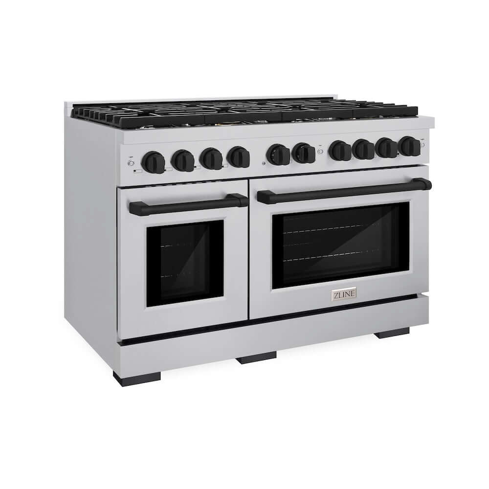 ZLINE Autograph Edition 48-Inch 6.7 cu. ft. Double Oven Gas Range with 8 Burner Cooktop - Stainless Steel & Matte Black (SGRZ 48 MB) | Professional Kitchen Appliance for Home Chefs & Entertaining