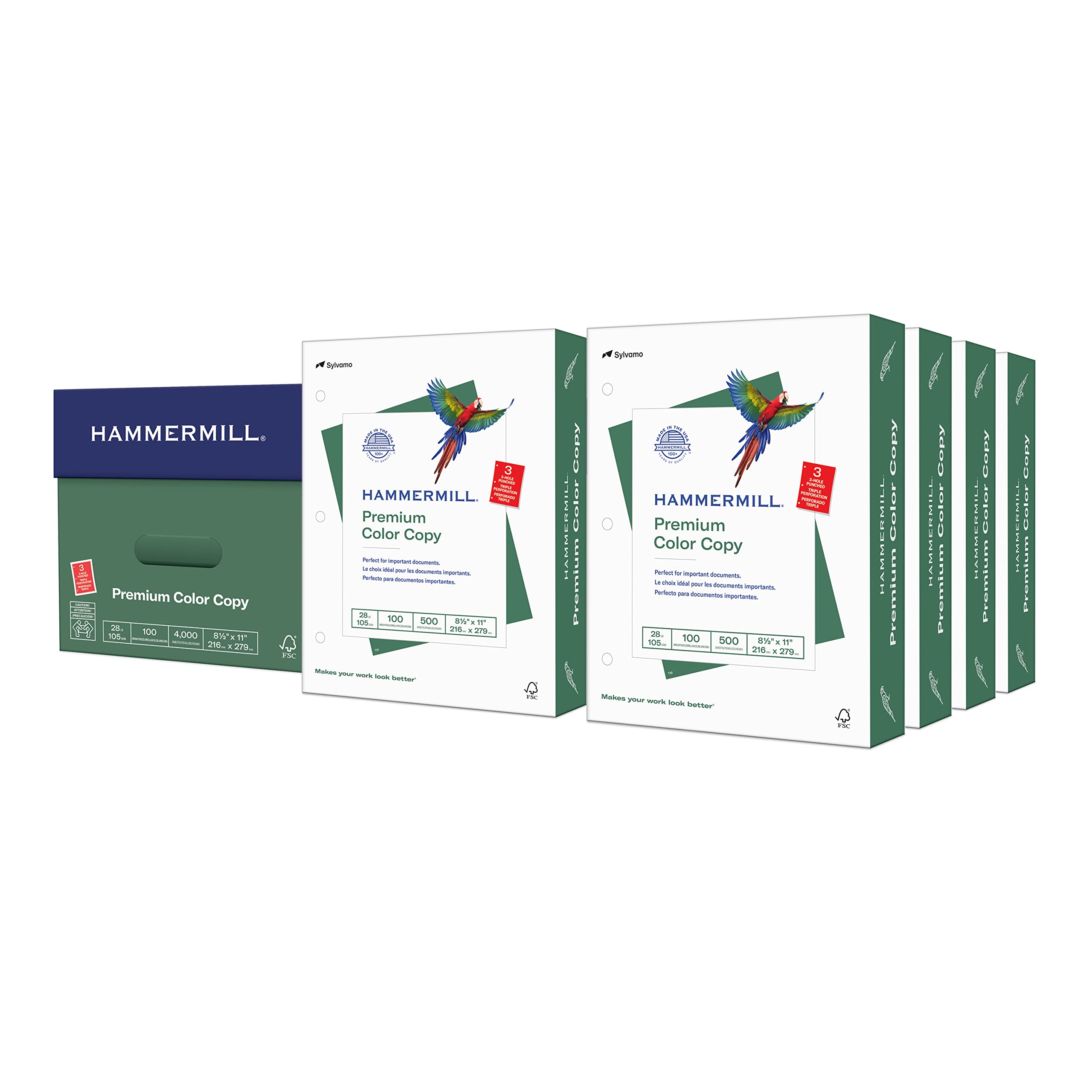 Hammermill Premium 28 lb Color Copy Paper - 8 Reams (4,000 Sheets) - 100 Bright, 3 Hole Punch, Made in USA - Ideal for Office Printing, School Projects & Professional Documents