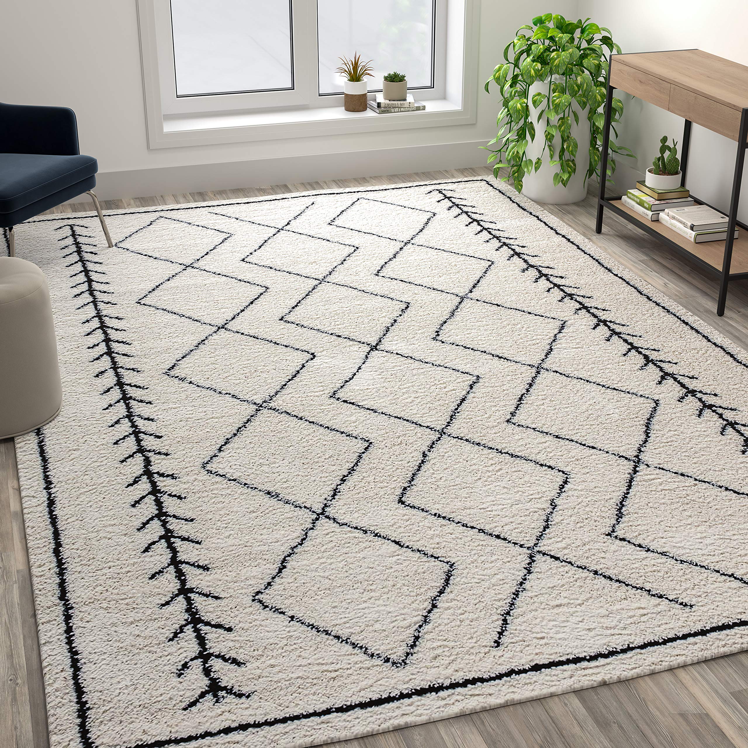 Flash Furniture Roxy Bohemian Shag Area Rug 8' x 10' Ivory - Geometric Design with Jute & Polyester Backing - Perfect for Living Room, Bedroom, or Boho Home Decor
