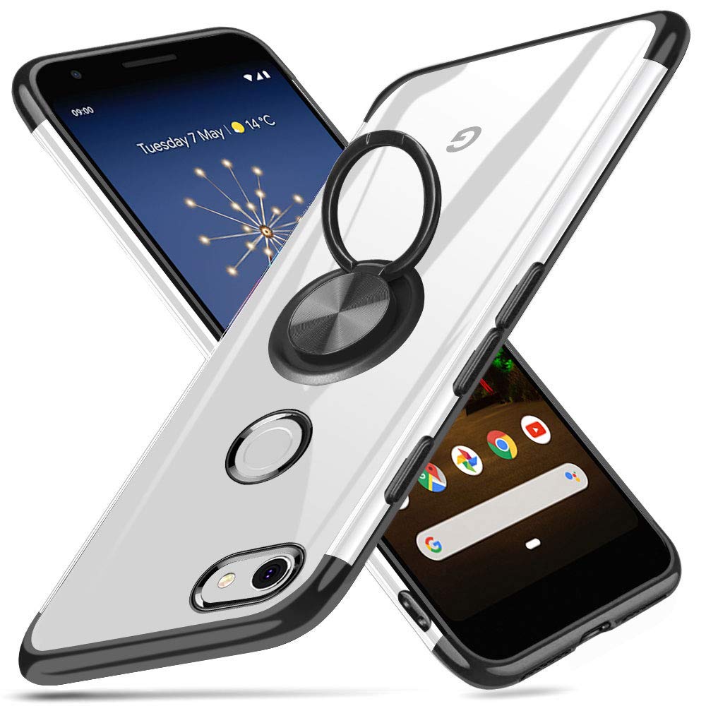 Google Pixel 3A Case 5.6 Inch - Clear Shockproof TPU Phone Cover with Finger Ring Holder, Flexible Silicone Bumper Protection for Google Pixel 3A (Black) - Perfect for Daily Use, Travel & Outdoor Activities