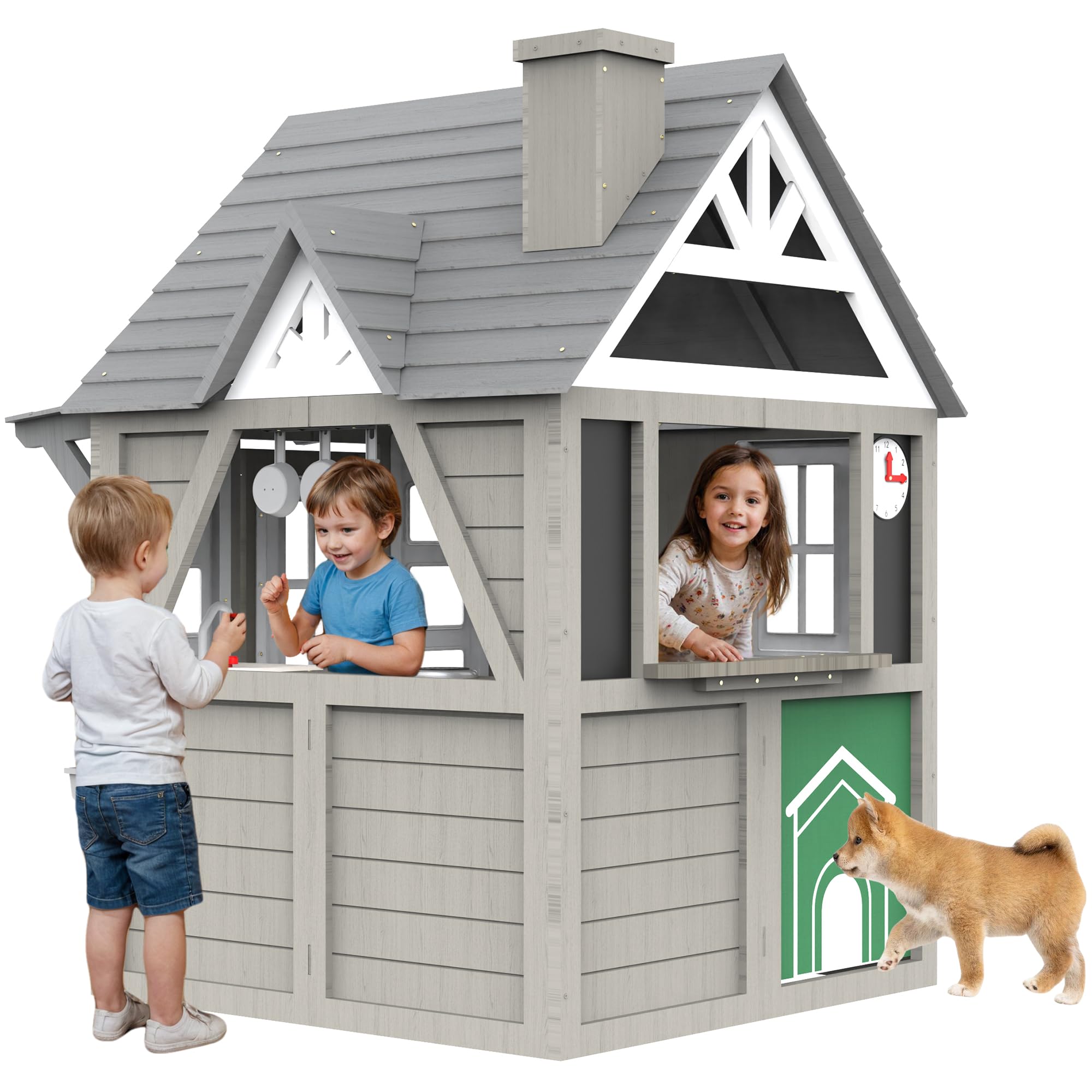 **Outdoor Cedar Wooden Playhouse for Kids Ages 3-8 - Gray Wood Play House with Interactive Doorbell, Kitchen Counter, Sink & Flower Window Boxes | Perfect for Backyard, Garden & Outdoor Playtime**