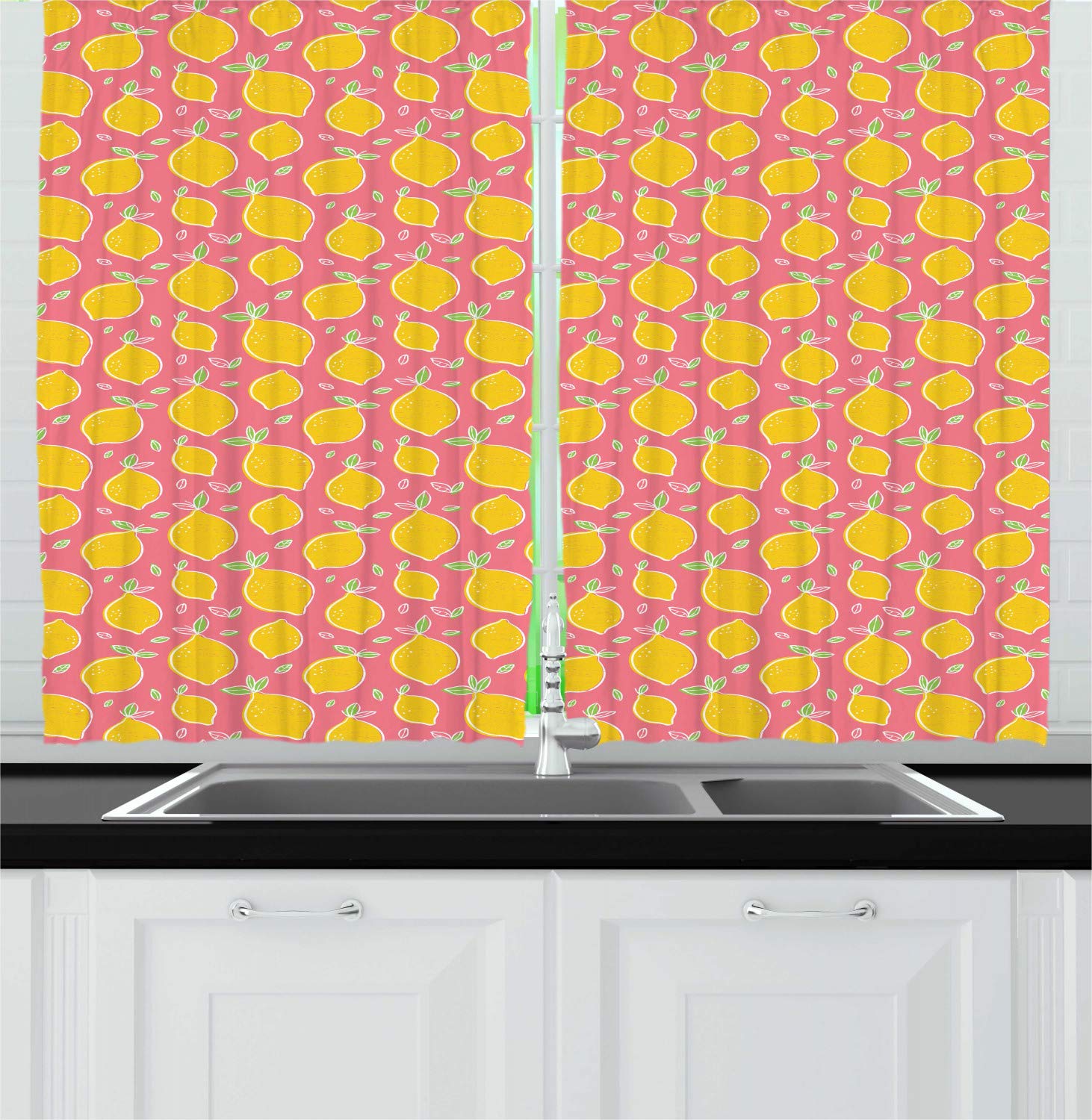Ambesonne Lemon Print Kitchen Curtains - Sour & Juicy Fruit Pattern Window Drapes, 2 Panel Set for Kitchen & Cafe Decor, 55
