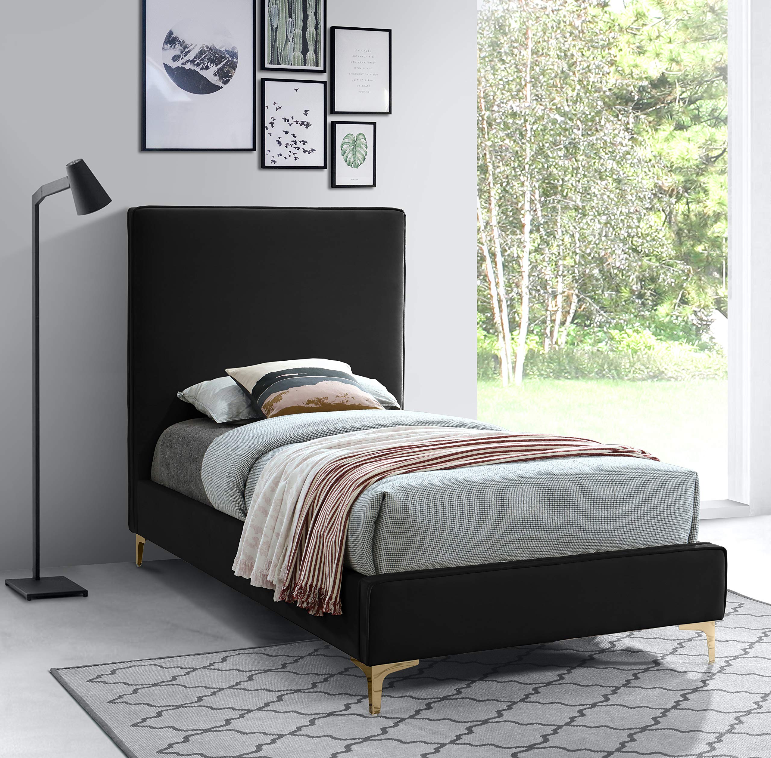 Modern Velvet Upholstered Bed with Gold/Chrome Headboard - Twin Size Black Bed Frame for Contemporary Bedrooms | Meridian Furniture Geri Collection