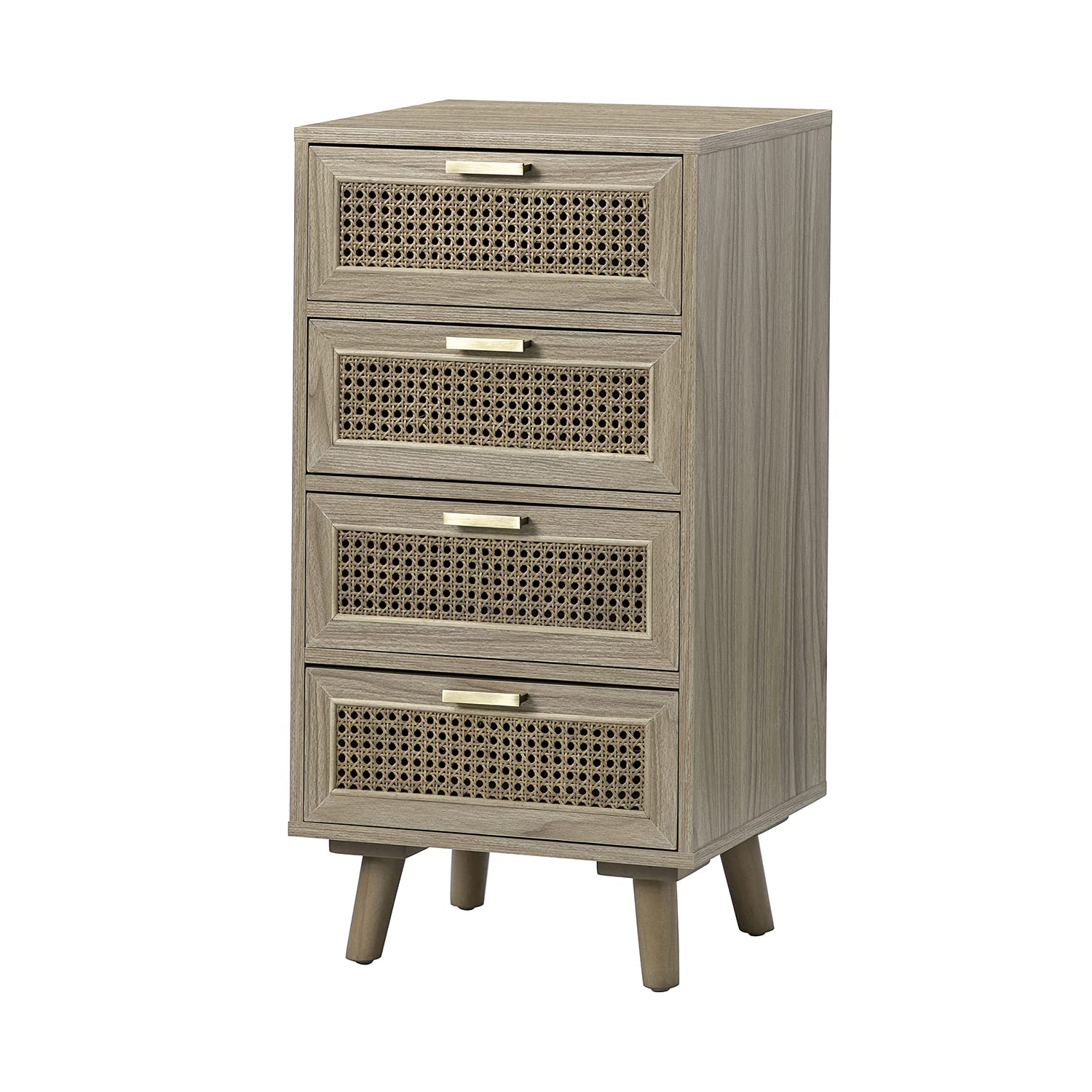 Natural Rattan 4-Drawer Dresser with Wood Legs for Living Room & Bathroom