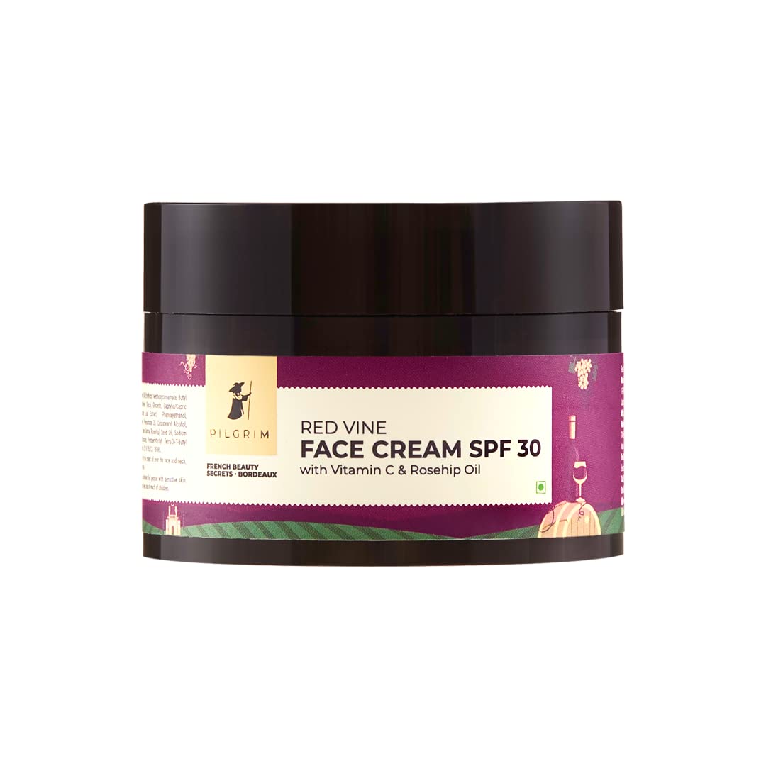 PILGRIM French Red Vine Face Cream with SPF 30 Sunscreen | Anti-Aging Moisturizer with Rosehip Oil & Vitamin C | PA+++ Sun Protection for Dry, Oily & Combination Skin | Daily Use for Men & Women | 50g | Perfect for Daytime Skincare & Sun Protection Routine