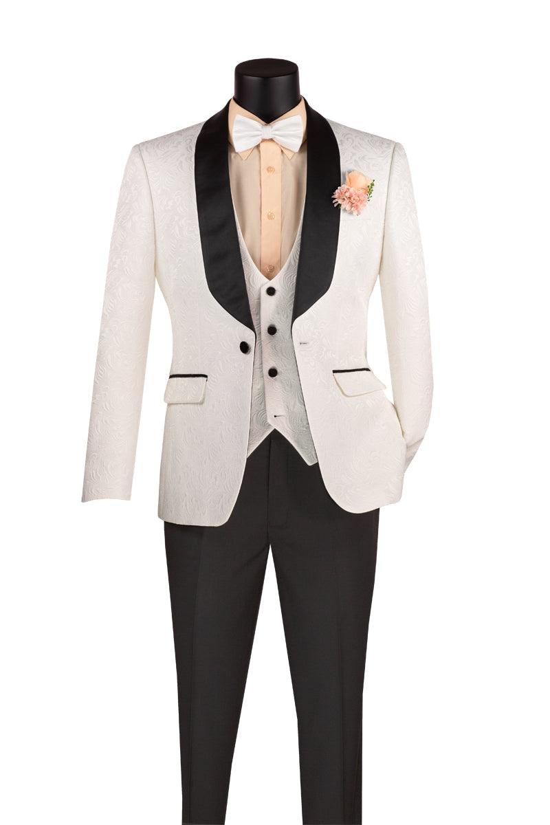 Elegant White Jacquard Three-Piece Slim Fit Tuxedo Suit for Men | Formal Wedding, Prom & Black Tie Events