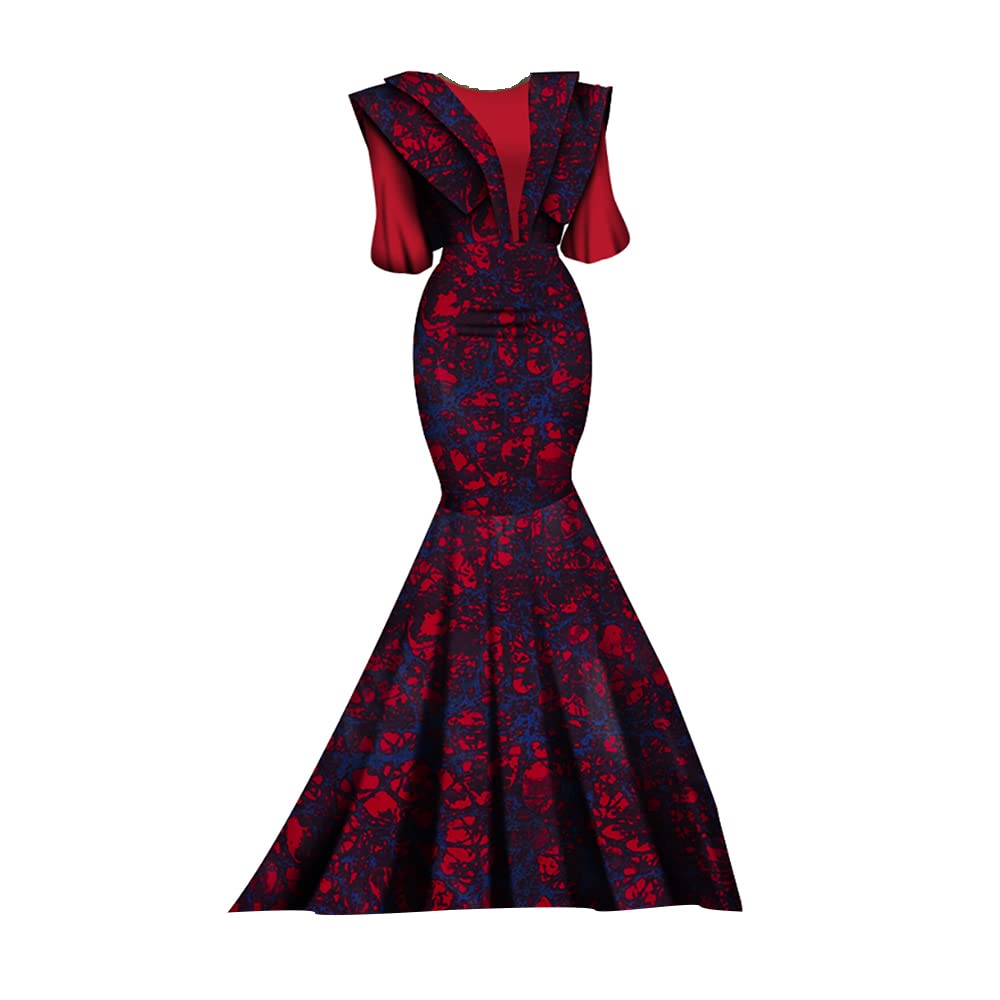 African Print Mermaid Maxi Dress for Women - Long Sleeve Dashiki Party Gown with Ankara Fabric - Perfect for Weddings, Festivals and Special Occasions