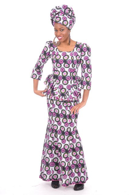 Elegant Off-White & Purple African Print Top and Skirt Set DP3340 | Women's Fashion Outfit for Parties, Weddings & Cultural Events