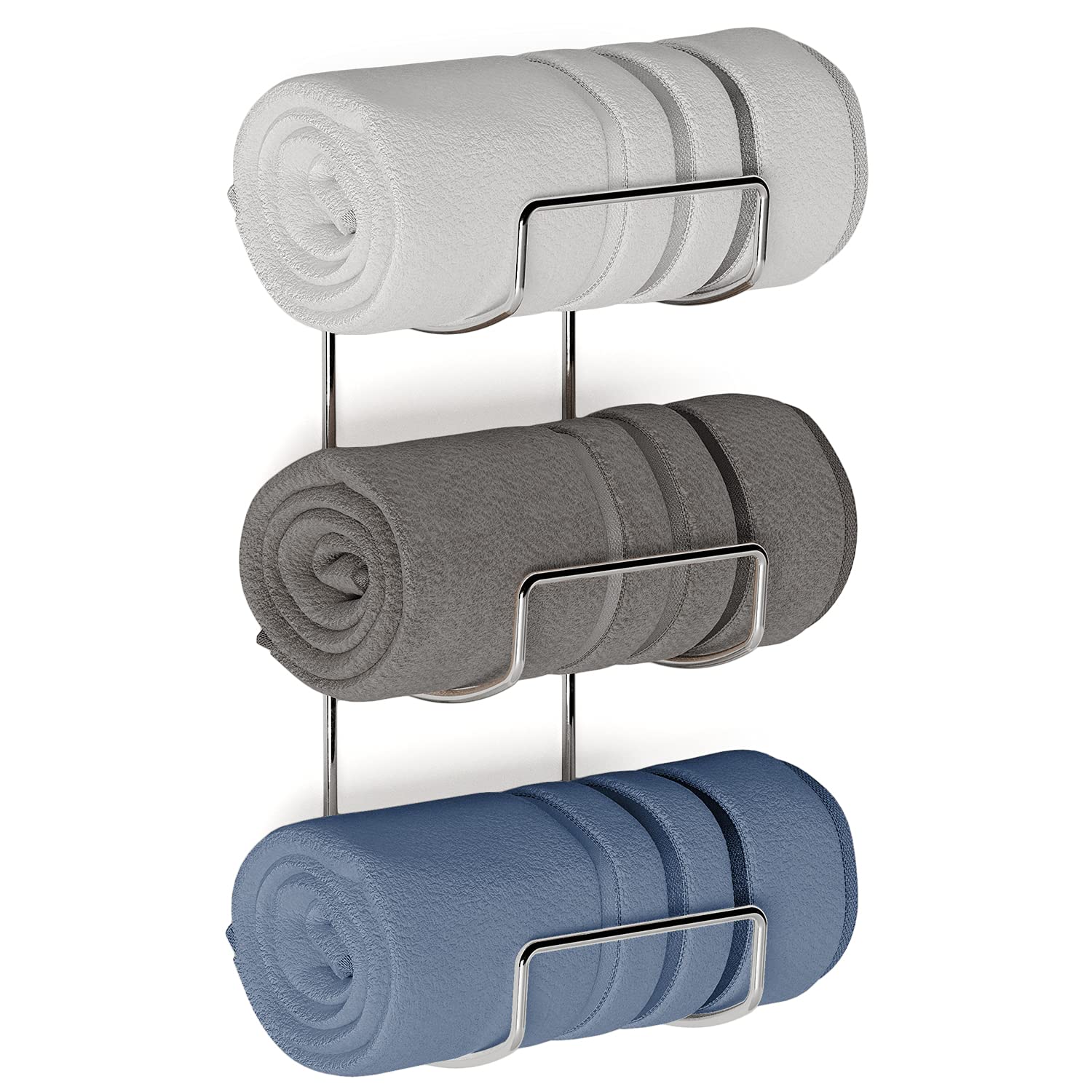 Wall Mounted Bathroom Towel Rack - 3 Section Chrome Organizer for Hand & Bath Towels | Space Saving Storage Solution for Small Bathrooms & Powder Rooms