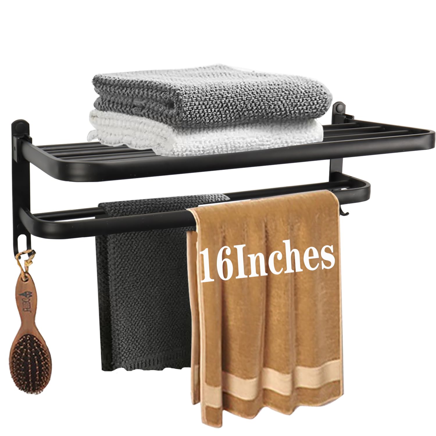 Stainless Steel Bathroom Towel Rack - Double Towel Bar & Foldable Shelf - Wall Mounted Rustproof Towel Organizer for Bathroom, Balcony, Laundry Room (16 Inch, Black) - Perfect for Small Spaces & Modern Home Decor