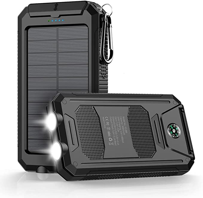 Feeke 36800mAh Solar Power Bank with QC3.0 Fast Charging, Dual USB Ports, Built-in LED Flashlight & Compass - Portable Solar Charger for iPhone, Android Phones, Tablets & Electronic Devices - Perfect for Camping, Hiking & Outdoor Adventures (Black)