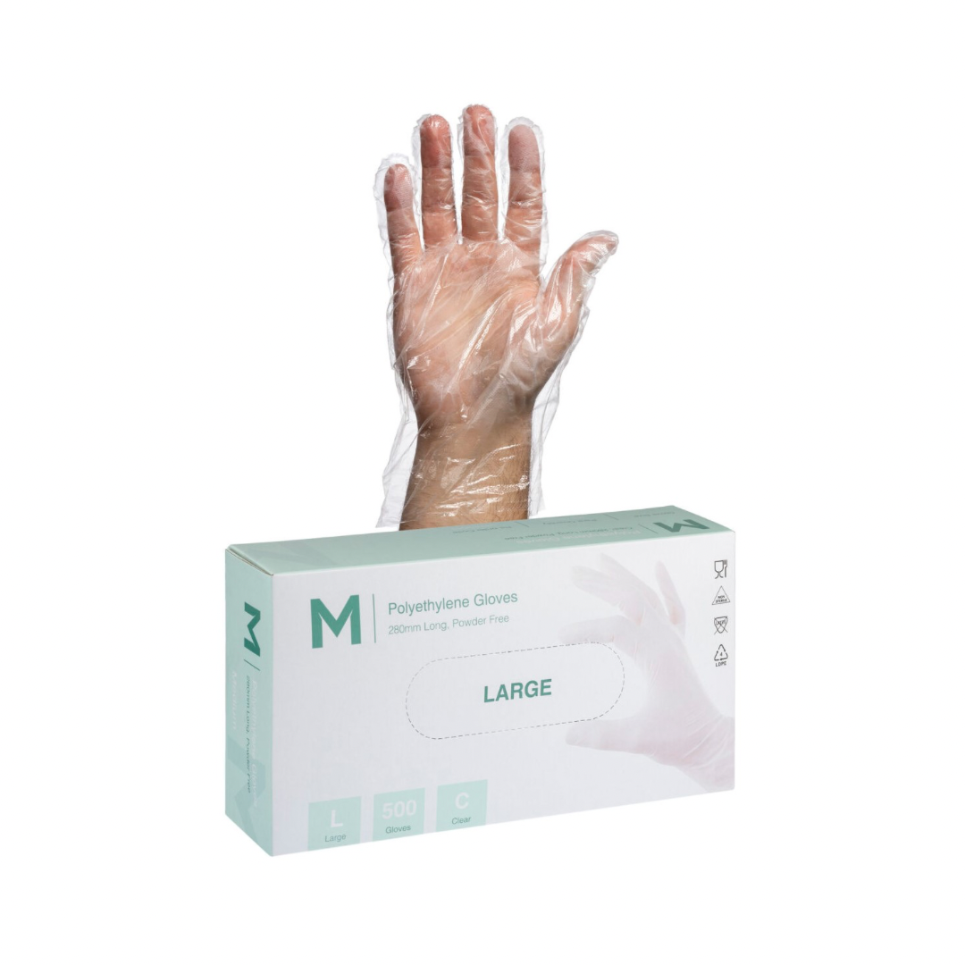 Polyethylene Gloves Clear Disposable - Size L/XL, 240mm Cuff, 1.0g Thickness - 500 Gloves per Pack - Ideal for Food Handling, Cleaning & Medical Use